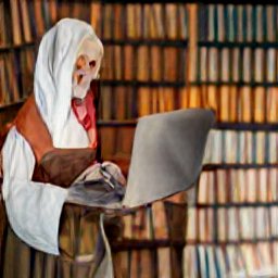 Medieval librarian with a head looking like a skull in front of a laptop
